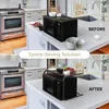 A split image showing a kitchen counter before and after the installation of a microwave shelf organizer. Náhľad obrázku produktu