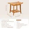 A wooden shower bench with a shelf and handles, shown with dimensions and package contents. Podgląd zdjęcia produktu