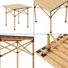 A collage of four images showing different angles and details of a wooden folding table. Produktbild-Vorschau
