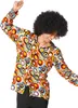 A man wearing a colorful 70s-style shirt and an afro wig is dancing. Podgląd zdjęcia produktu