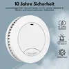 A white smoke detector is shown against a light blue background with promotional text and icons. Produktbild-Vorschau
