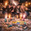 A group of friends celebrating with fireworks and drinks in the snow. Náhled obrázku produktu