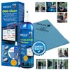 A collage of images showing the ROGGE DUO-Clean screen cleaner and microfibre cloth, along with various usage scenarios and product details. Produktbild-Vorschau