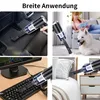 Collage of images showing a handheld vacuum cleaner being used in various settings: car interior, living room with a dog, on a keyboard, and on a bed. Produktbild-Vorschau