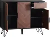 A black and wood-grain sideboard with open doors and a drawer. Náhled obrázku produktu