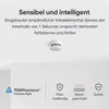 A smoke detector mounted on a ceiling, with marketing text and icons below. Produktbild-Vorschau