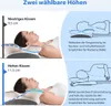 A split image showing a woman using a pillow in two different heights, with diagrams illustrating the benefits for back and side sleepers. Produktbild-Vorschau