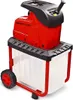 A red and black electric garden shredder with a transparent collection bin and wheels, shown from a three-quarter front angle. Anteprima dell’immagine prodotto