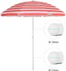 A red and white striped beach umbrella is shown against a white background, with close-up insets detailing pole diameters. Produktbild-Vorschau