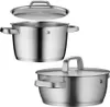 Two stainless steel pots with lids, one is shown with its lid slightly ajar. Produktbild-Vorschau