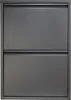 A front view of a gray metal shoe cabinet with two flip-down doors. Produktbild-Vorschau