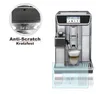 A coffee machine is shown in a studio shot with an inset highlighting an anti-scratch feature. Produktbild-Vorschau