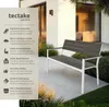 A garden bench is shown in an outdoor setting with text describing its features. Produktbild-Vorschau