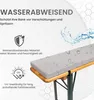 A close-up view of a grey bench cushion on a wooden and green metal bench, with water droplets on the cushion. Produktbild-Vorschau