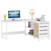 A white L-shaped computer desk with shelves and drawers, a computer monitor, a lamp, and a printer. Anteprima dell’immagine prodotto