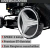 A close-up view of a lawnmower's rear wheel and engine, with marketing text overlays. Produktbild-Vorschau