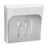 A stainless steel napkin holder with cutouts of a spoon, fork, and knife, filled with white napkins. Produktbild-Vorschau