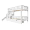 A white bunk bed with a slide and stairs, shown from a side angle against a white background. Produktbild-Vorschau
