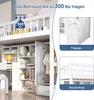 A loft bed with integrated storage, desk, and wardrobe, shown with feature callouts. Podgląd zdjęcia produktu