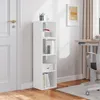 A white four-tier bookshelf stands next to a white door in a room with wooden flooring. Produktbild-Vorschau