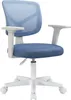 A blue and white office chair with wheels, shown from the front. Produktbild-Vorschau