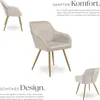 A collage of images showcasing a beige upholstered chair with gold legs, accompanied by descriptive text about its comfort and design. Náhled obrázku produktu