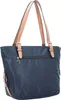 A dark blue tote bag with tan leather straps and accents, shown from a back-diagonal view. Náhled obrázku produktu