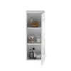 A tall, narrow white cabinet with its door slightly ajar, displaying various bathroom items on its shelves. Produktbild-Vorschau