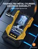 A close-up, angled view of a yellow and black portable air compressor with its internal components visible, set against a dark, textured background with blue light accents. Podgląd zdjęcia produktu