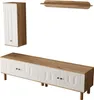 A set of modern furniture pieces including a tall cabinet, a long media console, and a wall shelf, all with white fronts and wood-effect accents. Produktbild-Vorschau