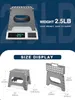 Collage showing a folding stool, its weight on a scale, and its dimensions when open and folded. Produktbild-Vorschau