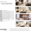A collage of images showcasing a white radiator cover in different room settings, including a bathroom, living room, kitchen, and bedroom, along with descriptive text and a brand logo. Náhled obrázku produktu