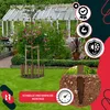 A garden scene with a young tree supported by a wooden structure and surrounded by a protective wooden fence. In the background, a greenhouse and flowering plants are visible. Overlay graphics highlight product features. Produktbild-Vorschau