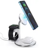 A white 3-in-1 wireless charging stand with an iPhone, Apple Watch, and AirPods Pro charging. Podgląd zdjęcia produktu