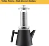 A disassembled black teapot with its stainless steel infuser and lid shown separately against a white background. Produktbild-Vorschau