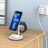 A 3-in-1 wireless charging stand with an iPhone, Apple Watch, and AirPods Pro charging. Produktbild-Vorschau