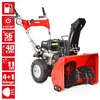 A red and black snow blower is shown against a white background, with several informational icons on the left side. Produktbild-Vorschau