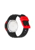The back of a digital watch with a black strap and red accents. Produktbild-Vorschau