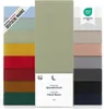 A display of multiple fitted sheets in various colors, with a central focus on an olive green sheet and packaging. Produktbild-Vorschau