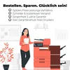 A woman stands next to a printer, holding papers, with office supplies in the background. Produktbild-Vorschau