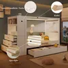 A white wooden bed frame with storage drawers and a side cabinet, shown in a bedroom setting with decorative elements and informational callouts. Produktbild-Vorschau