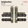 A pair of bronze-colored door handles with accompanying feature descriptions and icons. Produktbild-Vorschau