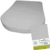 A light gray fitted sheet is shown, with a packaging insert placed in front of it. Produktbild-Vorschau