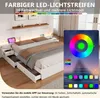 A modern white bed with LED lighting and storage drawers, shown with a smartphone app interface displaying color options. Náhled obrázku produktu