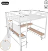 A diagram of a white metal bunk bed with integrated desk and shelves, showing various dimensions in centimeters. Produktbild-Vorschau