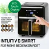 A black air fryer is shown with a hand touching its digital display, highlighting its features. Anteprima dell’immagine prodotto