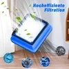 A vacuum cleaner filter is shown with stylized leaves and air currents, along with microscopic images of bacteria and viruses. Produktbild-Vorschau