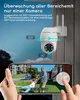 A security camera is mounted on a wall, with a smartphone displaying a live feed of a family playing in a yard. Produktbild-Vorschau