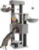 A multi-level cat tree with several cats on it, set against a white background.