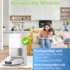 A mother and daughter are sitting on a couch in a modern kitchen, reading a book. A robot vacuum cleaner and its charging station are in the foreground. Produktbild-Vorschau